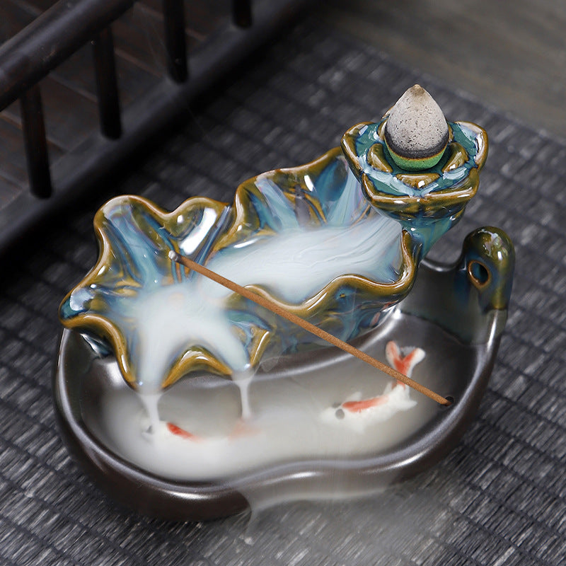 Ceramic Backflow Incense Burner – Handmade Zen Double Fish Design, Reflow Incense Holder for Home Decor, Meditation