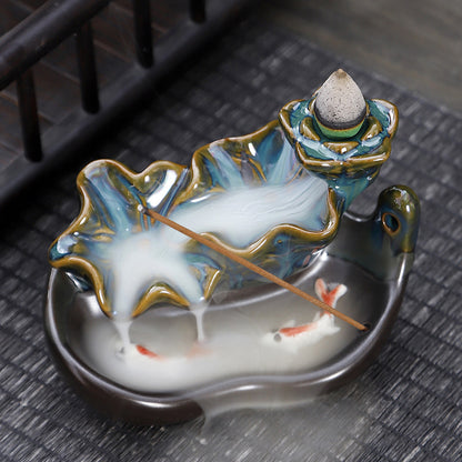 Ceramic Backflow Incense Burner – Handmade Zen Double Fish Design, Reflow Incense Holder for Home Decor, Meditation