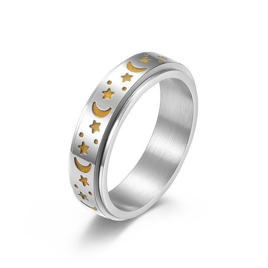Star Moon Titanium Steel Rotatable Glow in the Dark Ring for Stress Relief Anxiety Reduction Unisex Meditation Ring