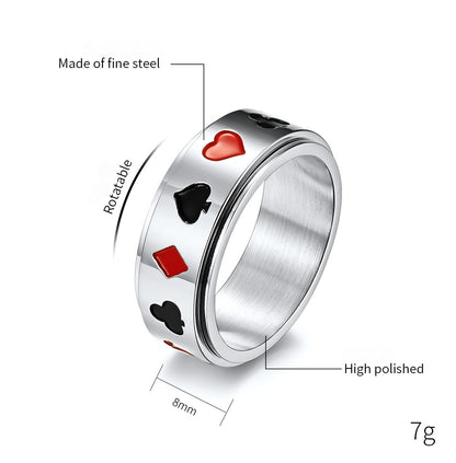 Spade Heart Club Diamond Poker Pattern Titanium Steel Spinning Meditation Ring for Anxiety Relief & Stress Reduction (Unisex)