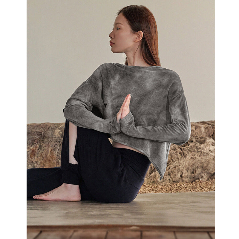 Tie-Dye Camouflage Long Sleeve Yoga Tops for Women, Short Cropped Sports Shirt with Back Cutout, Moisture-Wicking Workout Tee