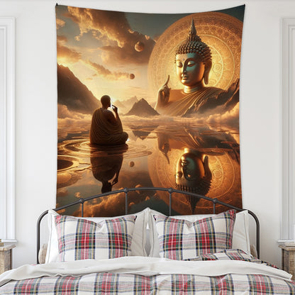 Meditation Bedroom Decor Buddha Shrine Background Digital Printed Peach Skin Tapestry Wall Hanging for Bedroom & Living Room