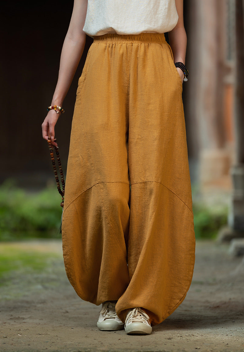 Ramie Sand-Washed Vintage Loose Bohemian Pants Women's Harem Pants – Cotton Linen Meditation Yoga Tai Chi Pants