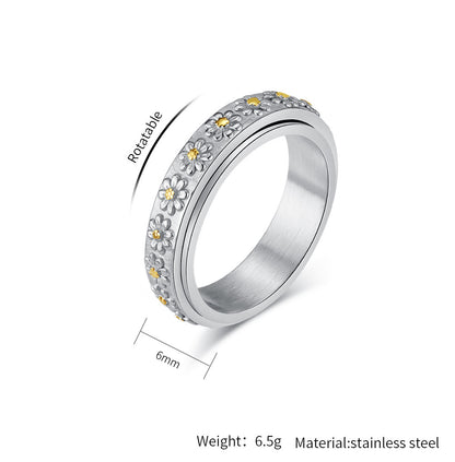 Daisy Spinner Ring, Titanium Steel Fidget Ring for Anxiety Relief - Sunflower Design Unisex Rotating Jewelry