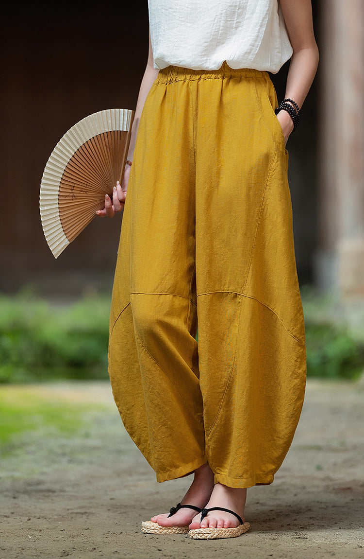 2025 Summer New Retro Zen Casual Pants Women – Linen & Tencel Washed High Waist Wide Leg Culottes for Meditation & Lounge