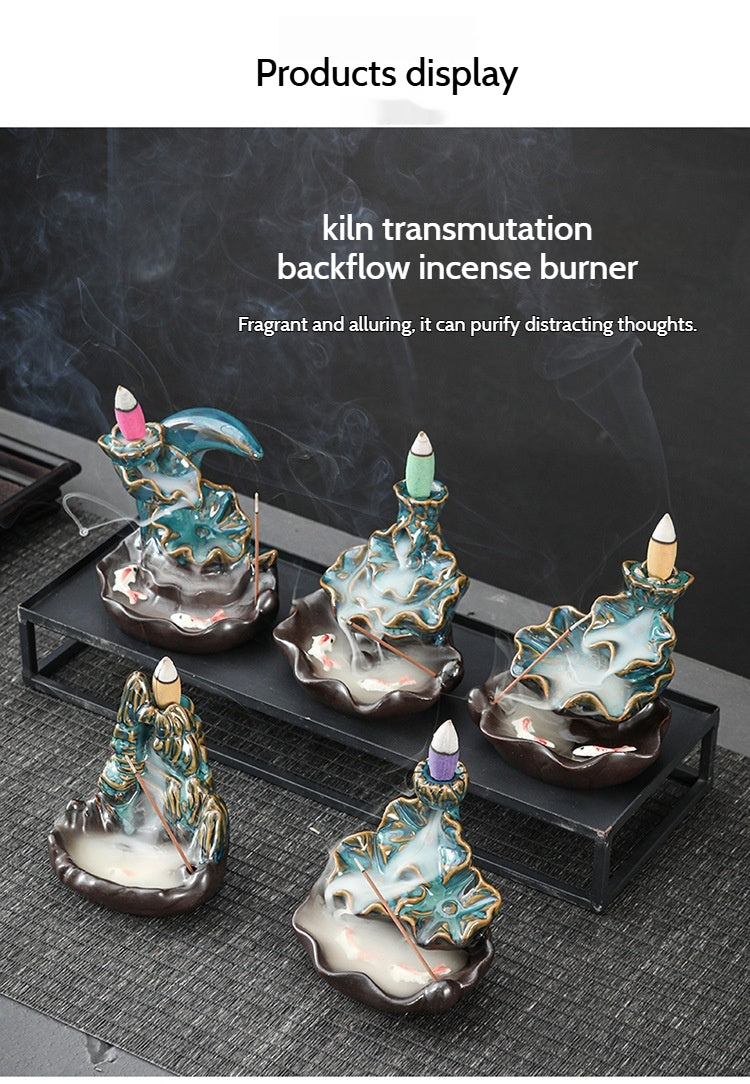 Ceramic Backflow Incense Burner – Handmade Zen Double Fish Design, Reflow Incense Holder for Home Decor, Meditation