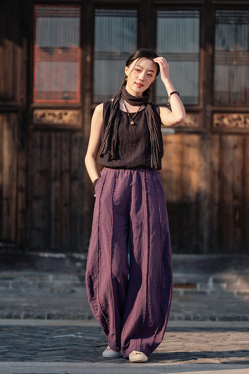 2025 Spring Summer New Linen Women Pants, Ramie Blend Brushed Wide-Leg Lantern Pants, Boho Retro Loose Culottes