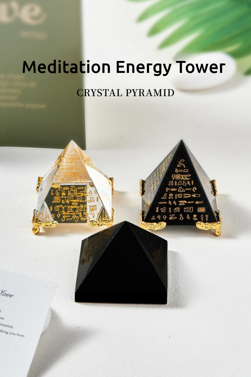 Obsidian Scripture Pyramid | Ancient Egyptian Crystal Pyramid | Meditation Energy Tower | Home Decor Ornament