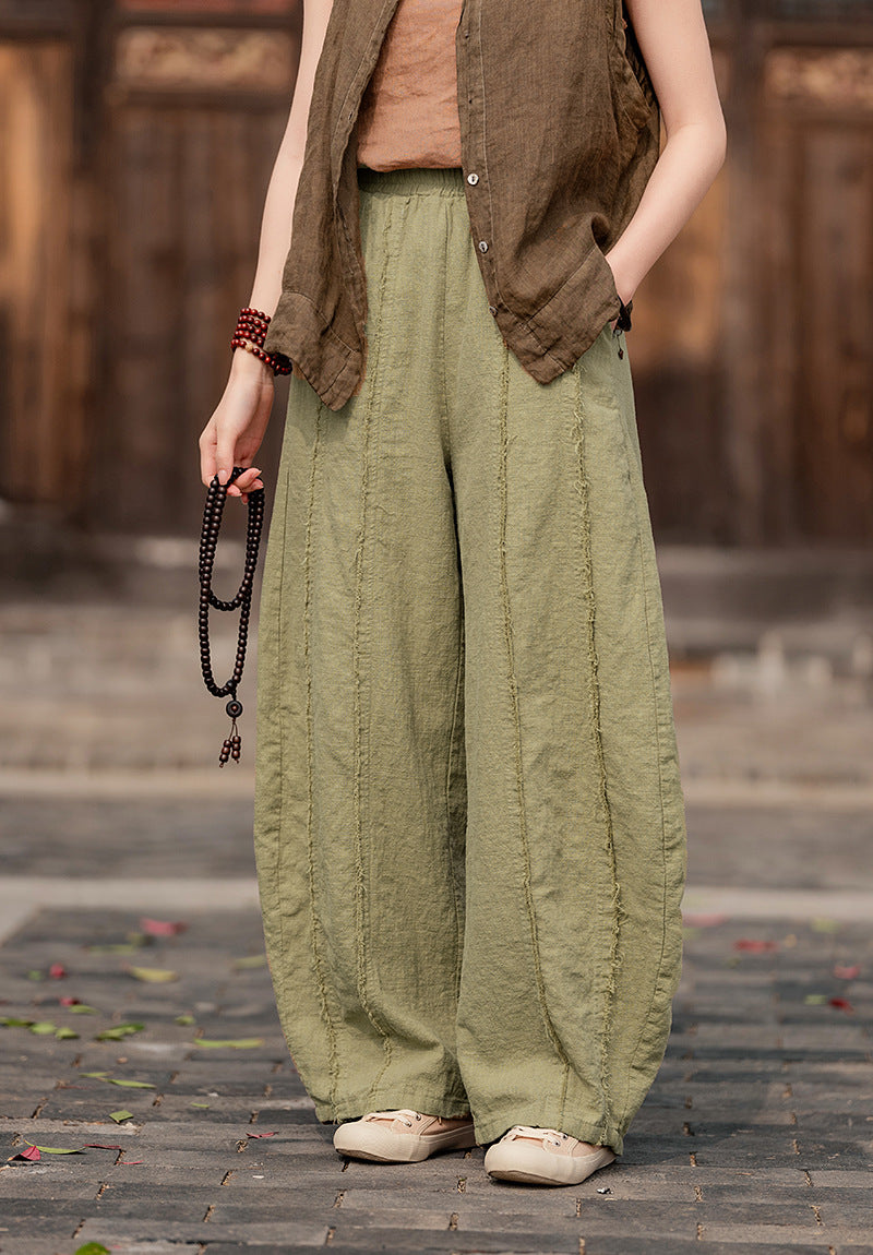 2025 Spring Summer New Linen Women Pants, Ramie Blend Brushed Wide-Leg Lantern Pants, Boho Retro Loose Culottes