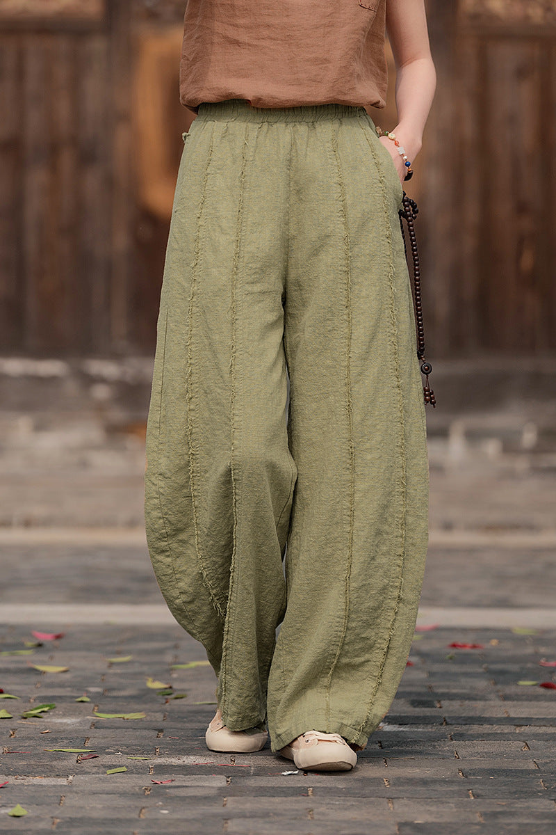 2025 Spring Summer New Linen Women Pants, Ramie Blend Brushed Wide-Leg Lantern Pants, Boho Retro Loose Culottes