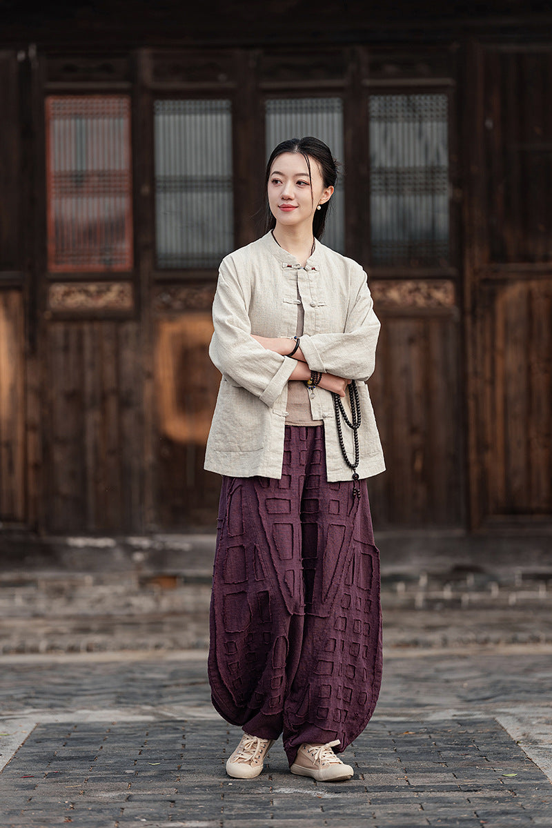 2025 Spring/Summer Original Linen Patchwork Natural Frayed Hem Meditation Harem Pants – Unisex Loose Boho Pants