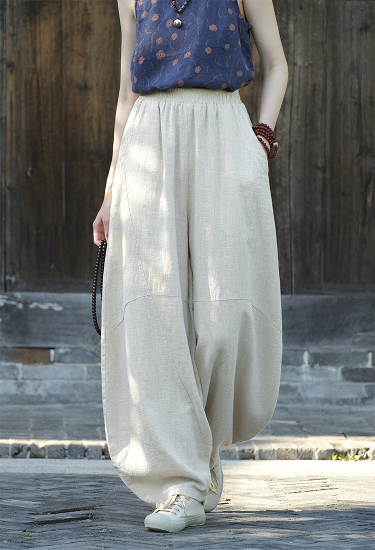 Ramie Sand-Washed Vintage Loose Bohemian Pants Women's Harem Pants – Cotton Linen Meditation Yoga Tai Chi Pants