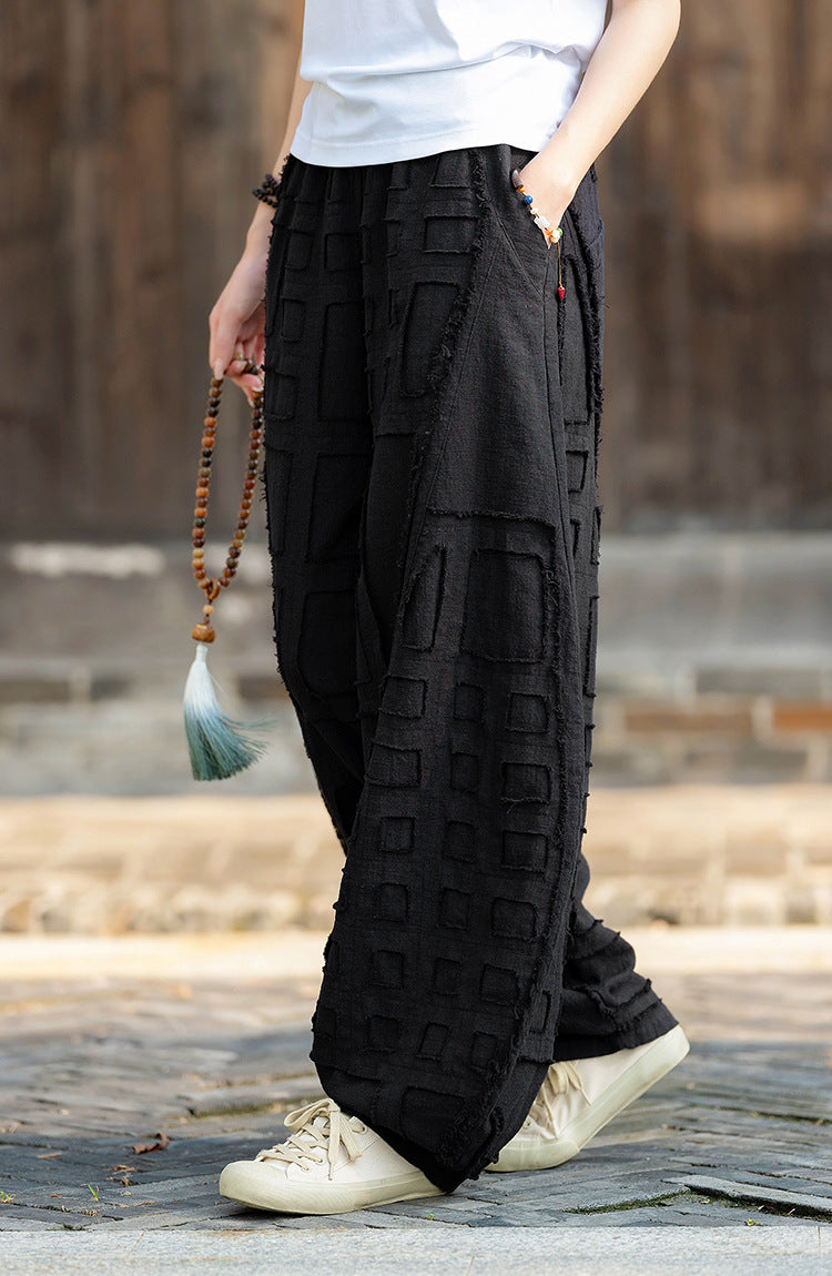 2025 Spring/Summer Original Linen Patchwork Natural Frayed Hem Meditation Harem Pants – Unisex Loose Boho Pants