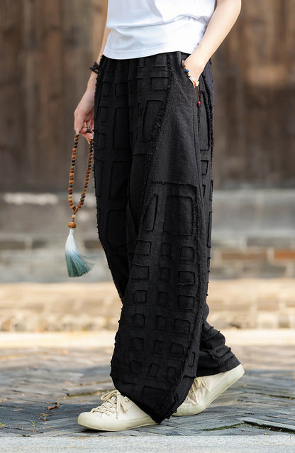 2025 Spring/Summer Original Linen Patchwork Natural Frayed Hem Meditation Harem Pants – Unisex Loose Boho Pants
