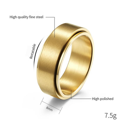 8MM Rotatable Anxiety Relief Titanium Steel Meditation Ring - Matte Brushed 18K Gold Plated Men's Jewelry