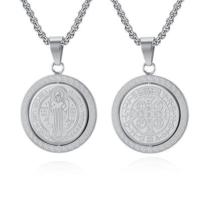 St. Benedict Exorcist Medal Spinning Pendant Necklace for Men, Two-Sided Rotatable Protection Charm