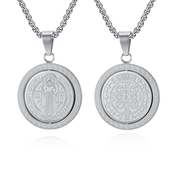 St. Benedict Exorcist Medal Spinning Pendant Necklace for Men, Two-Sided Rotatable Protection Charm