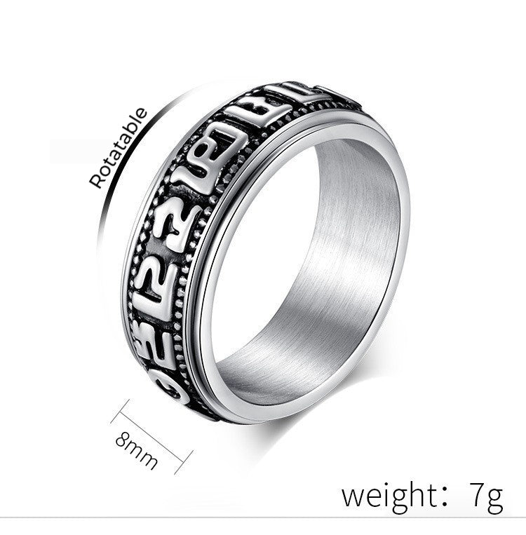 Vintage Titanium Steel Six Sacred Syllables Meditation Spinner Ring | Rotatable Mantra Ring for Anxiety Relief & Better Sleep (Unisex)