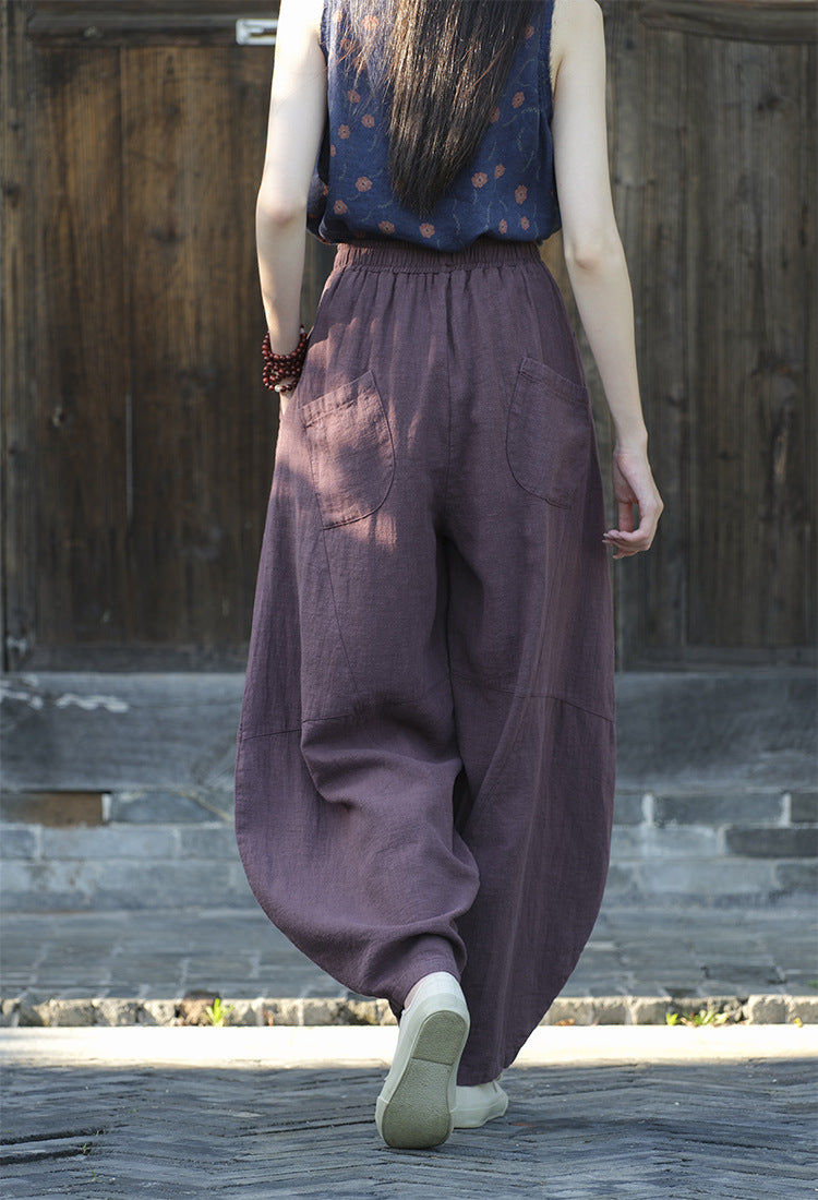 Ramie Sand-Washed Vintage Loose Bohemian Pants Women's Harem Pants – Cotton Linen Meditation Yoga Tai Chi Pants