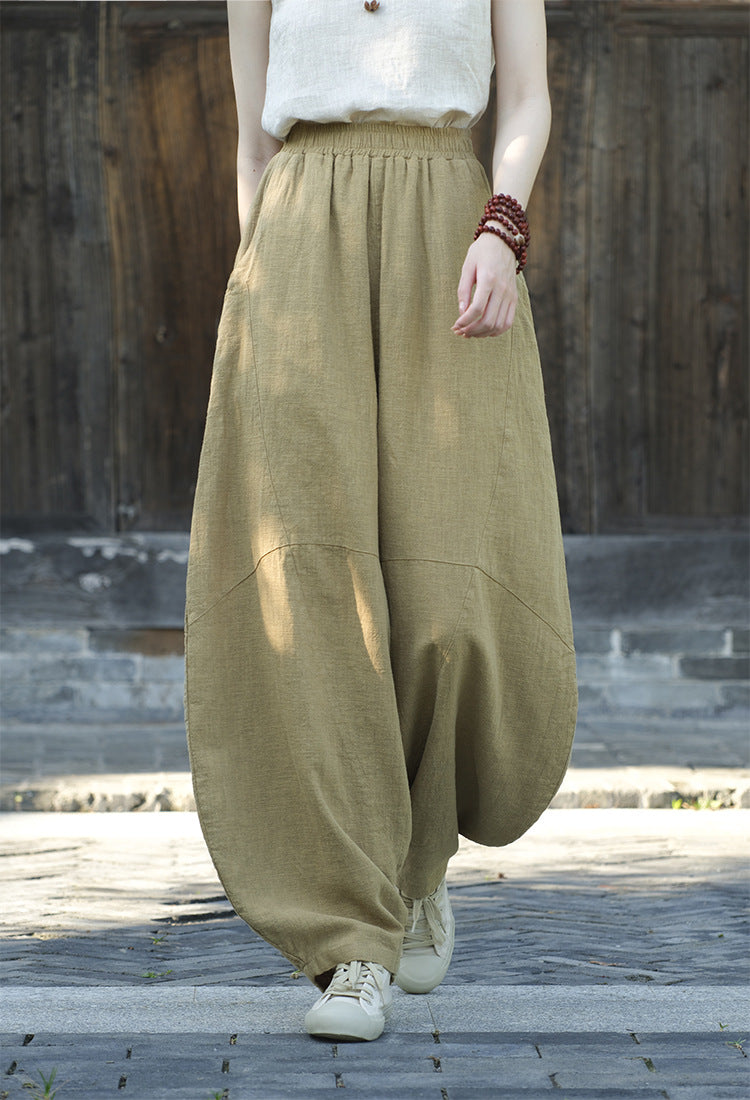 Ramie Sand-Washed Vintage Loose Bohemian Pants Women's Harem Pants – Cotton Linen Meditation Yoga Tai Chi Pants