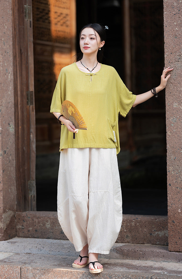 2025 Summer New Retro Zen Casual Pants Women – Linen & Tencel Washed High Waist Wide Leg Culottes for Meditation & Lounge