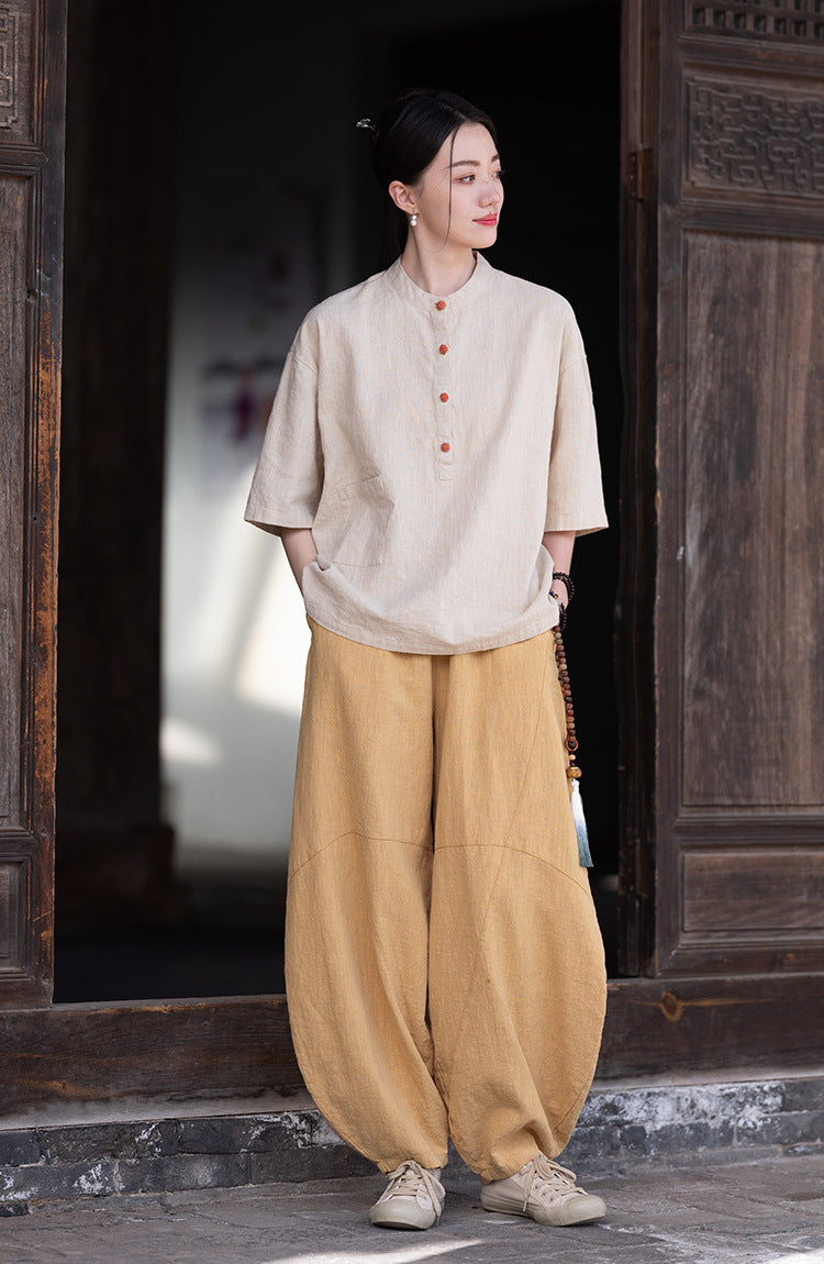 Ramie Sand-Washed Vintage Loose Bohemian Pants Women's Harem Pants – Cotton Linen Meditation Yoga Tai Chi Pants