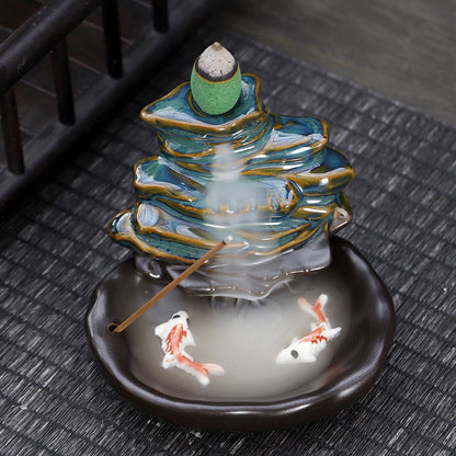 Ceramic Backflow Incense Burner – Handmade Zen Double Fish Design, Reflow Incense Holder for Home Decor, Meditation