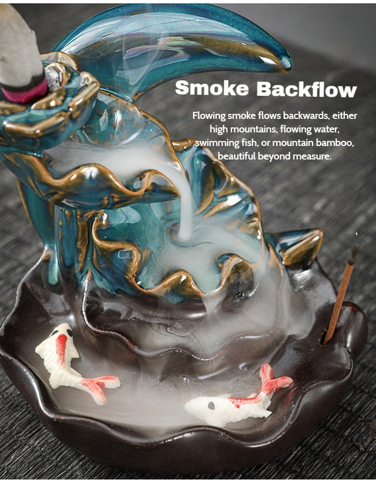 Ceramic Backflow Incense Burner – Handmade Zen Double Fish Design, Reflow Incense Holder for Home Decor, Meditation