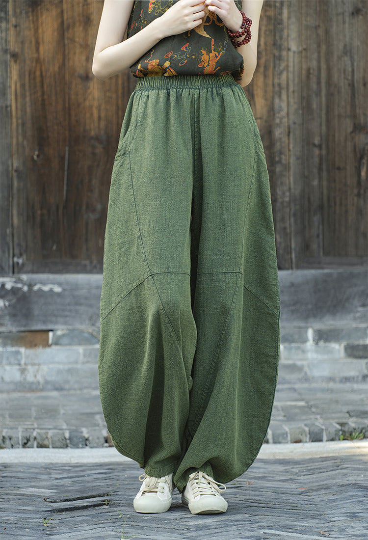 Ramie Sand-Washed Vintage Loose Bohemian Pants Women's Harem Pants – Cotton Linen Meditation Yoga Tai Chi Pants