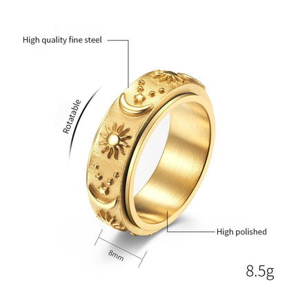 Spinning Sun Moon Stars Ring | Rotating Charm Titanium Steel Fidget Jewelry | Unisex