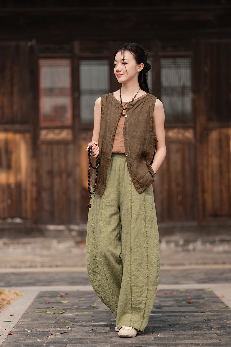 2025 Spring Summer New Linen Women Pants, Ramie Blend Brushed Wide-Leg Lantern Pants, Boho Retro Loose Culottes