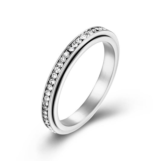 INS Minimalist 3mm Full Diamond Rotating Titanium Steel Meditation Anxiety Relief Ring, Stackable Elegant Stress-Relief Pinky Ring for Women