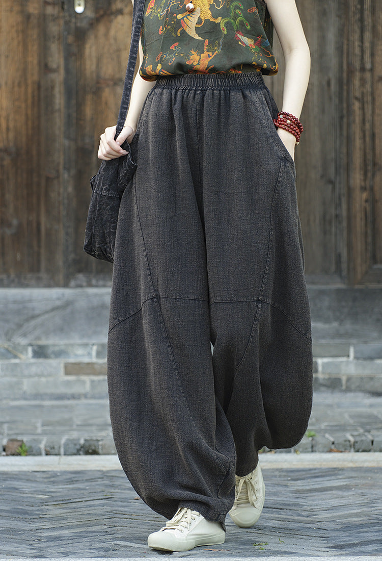 Ramie Sand-Washed Vintage Loose Bohemian Pants Women's Harem Pants – Cotton Linen Meditation Yoga Tai Chi Pants