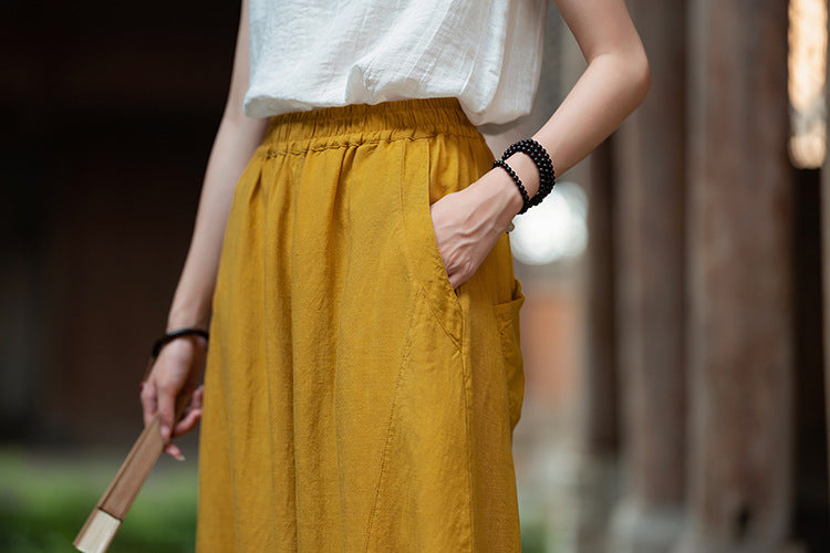 2025 Summer New Retro Zen Casual Pants Women – Linen & Tencel Washed High Waist Wide Leg Culottes for Meditation & Lounge