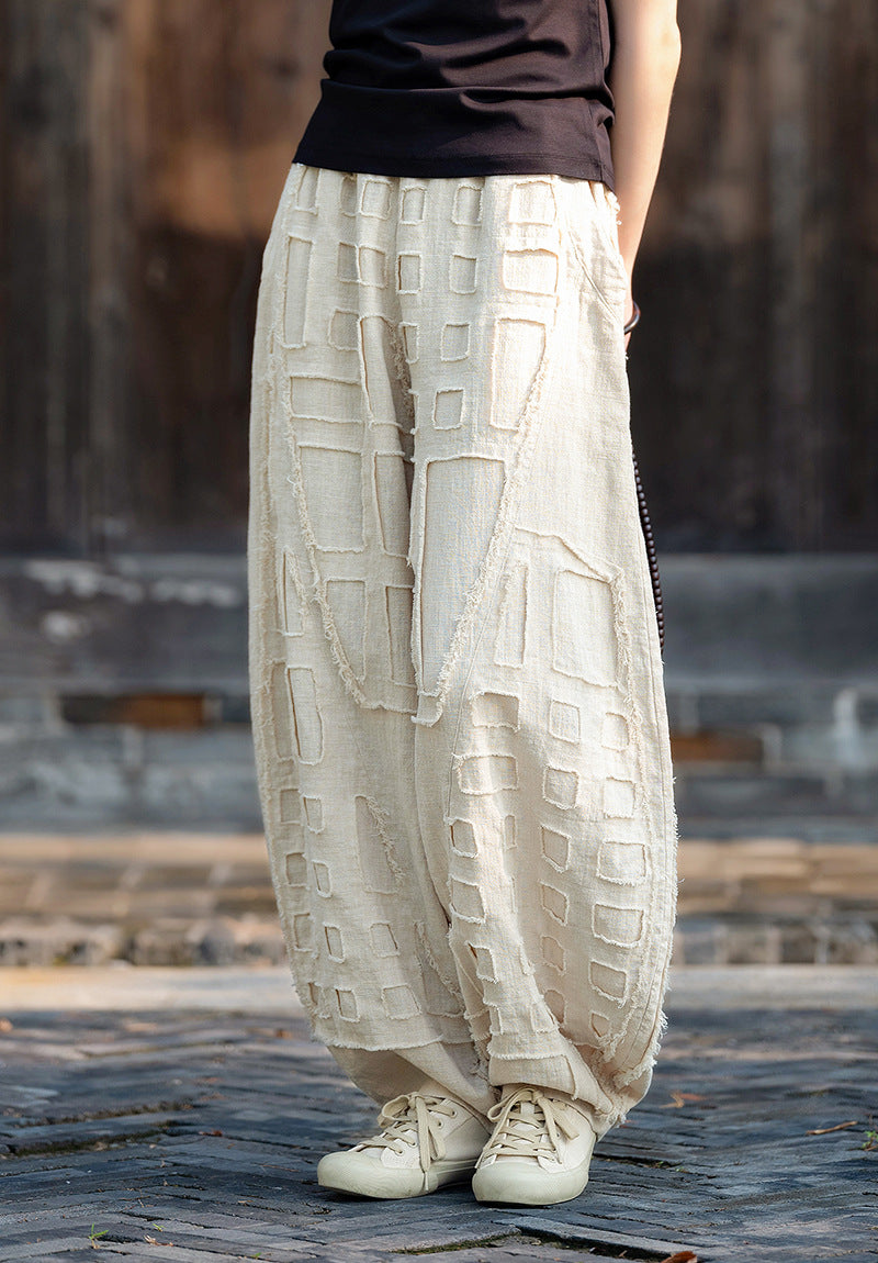 2025 Spring/Summer Original Linen Patchwork Natural Frayed Hem Meditation Harem Pants – Unisex Loose Boho Pants