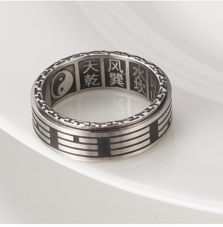Vintage Chinese Taoist Tai Chi Bagua Titanium Steel Spinning Meditation Ring – Stress Relief, Anxiety Reduce, Sleep Aid, Zen Jewelry
