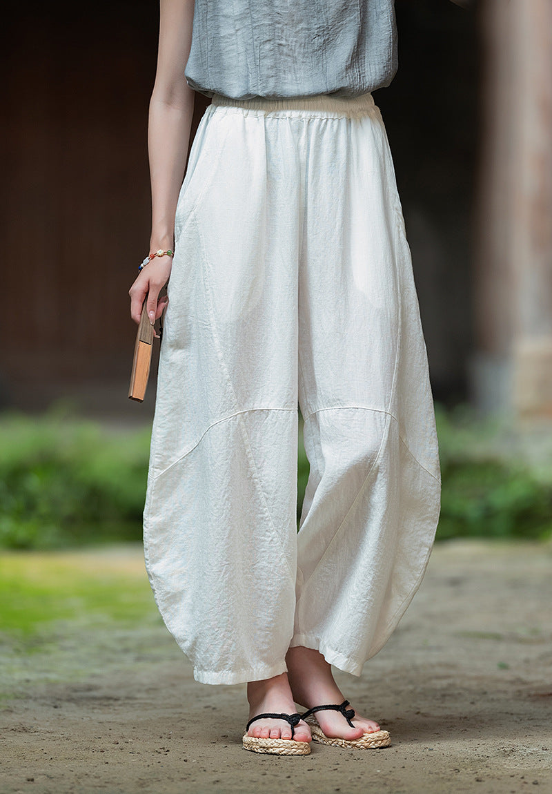 2025 Summer New Retro Zen Casual Pants Women – Linen & Tencel Washed High Waist Wide Leg Culottes for Meditation & Lounge