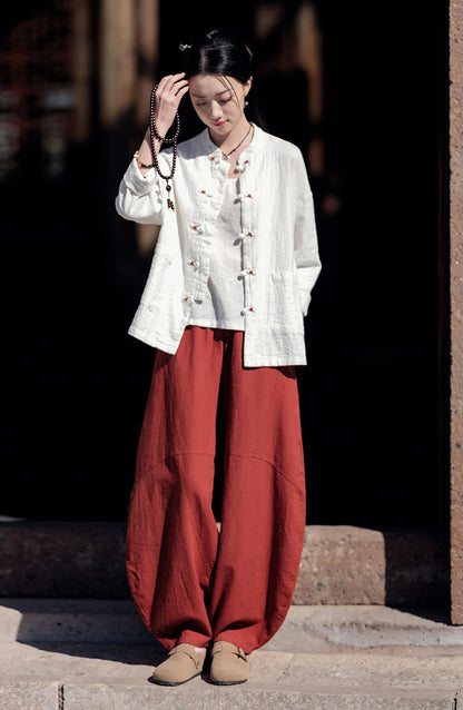 Ramie Sand-Washed Vintage Loose Bohemian Pants Women's Harem Pants – Cotton Linen Meditation Yoga Tai Chi Pants