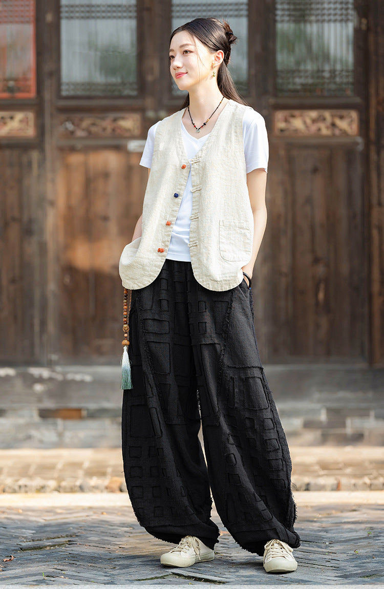 2025 Spring/Summer Original Linen Patchwork Natural Frayed Hem Meditation Harem Pants – Unisex Loose Boho Pants