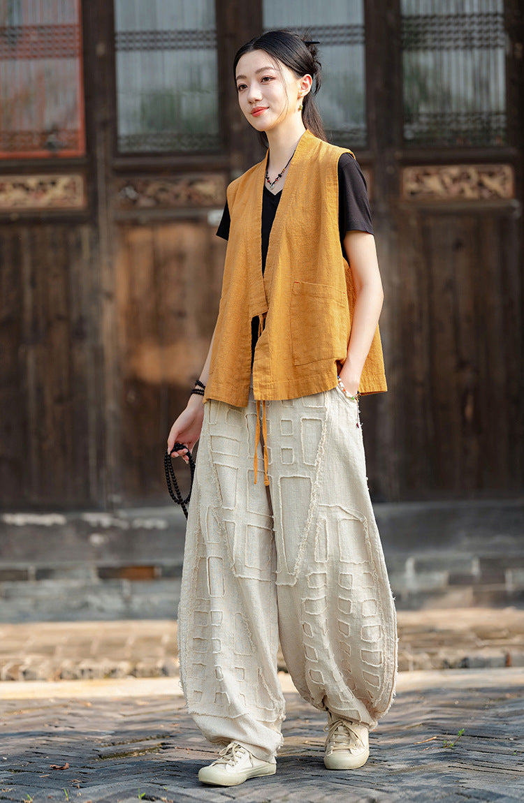 2025 Spring/Summer Original Linen Patchwork Natural Frayed Hem Meditation Harem Pants – Unisex Loose Boho Pants