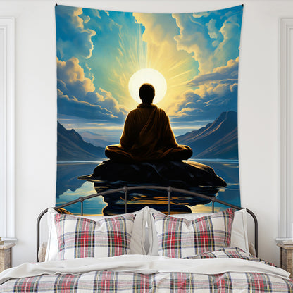 Meditation Bedroom Decor Buddha Shrine Background Digital Printed Peach Skin Tapestry Wall Hanging for Bedroom & Living Room