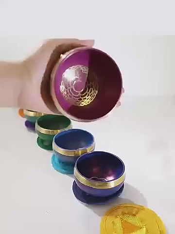 Nepal Handmade Singing Bowl Set for Meditation & Yoga (7 Chakra Colors) – Copper Tibetan Sound Bowl